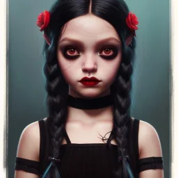 Jenna ortega as wednesday with wednesday addams dress,soft goth libstick, overknee socks, painted by artgerm and tom bagshaw, fantasy art, dramatic lighting, highly detailed oil painting, volumetric lighting