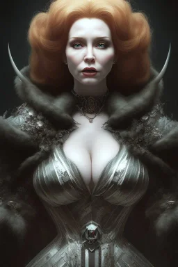 Christina Hendricks as evil queen in black leather, cleavage, angry, stern look. character design by cory loftis, fenghua zhong, ryohei hase, ismail inceoglu and ruan jia. unreal engine 5, artistic lighting, highly detailed, photorealistic, fantasy