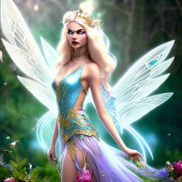 Fantasy cute fairy with wings, smiling, make up, long blond platinum hair, blue eyes, crown, beautiful dress, flowers in background, HQ