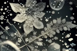 snowflakes, flowers, blur 5%, double exposure, merged layers, silver glitters, in the first part (near to us) of the picture you can see a plain sandblown smoked glass, engraved with a folk art pattern, the glass is cracked in several places, in some places the glass is broken, crumpled burlap, through it you can see a tropical rainforest with a waterfall, mist, tooth, sunrise