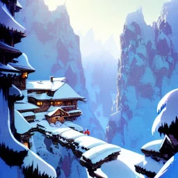 Chalet on bridges between chasm,mountains cliff, mountain peak,blue sky,detailed facades+beautiful, snow,richly detailed houses,abeti trees,+uphill road+biopunk+Book illustration by Gediminas Pranckevičius, Jean Baptiste Monge, Brian Kesinger, Anton fadeev, strong lines, high contrast vibrant colors, highly detailed, 16k resolution