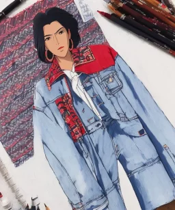 Fashion sketch, Fashion illustration, fashion drawing, Croquis, Hussein Suleiman, Jefferson Osei, Abderrahmane Trabsini, mudcloth fabric denim jacket, kente cloth, jeans, African model, Luke Edward Hall, red denim jacket