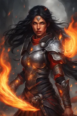 Capture the fierce essence of a female Paladin Druid, her eyes ablaze with fiery magic as she conjures flames with her hands. Bright black, half-braided hair appears infused with the essence of fire, complementing her light magical armor. A prominent scar on her face tells tales of battles faced and conquered, all against the canvas of her tanned skin, embodying strength and elemental mastery.