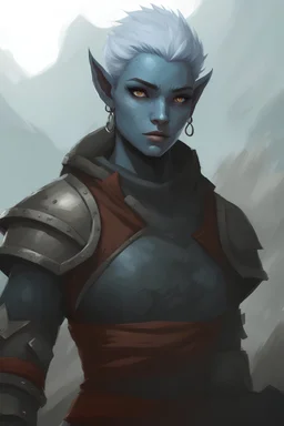 Portrait of a young blue orc woman, wearing armor, with a short anime hairstyle, digital art