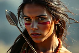 indigenous amazon woman, beautiful woman, young, warrior, tattooed face, red strip ainted eyes, long hair, wind, feather, arrow