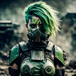 Futuristic battle-scarred green-haired female marauder with a nuclear mask, facemask, grey and black body armor, post-apocalyptic background