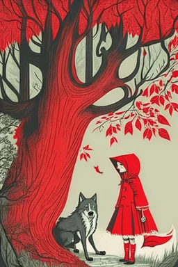 in a cosy vintage style, red riding hood marvels at a red tree while the big bad wolf lurks