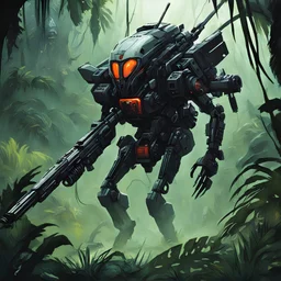 [art by John Paul Leon] helicopterus killer alien with a lot of mini guns, in jungle