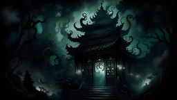 A digital painting with intricate patterns and textures depicting smoke climbing a temple of dark vines, where shadows dance in the moonlight