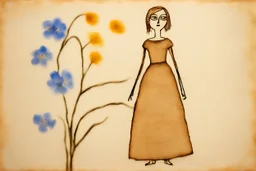 painted and burned burlap, forget-me-not woman, styles of Paul Klee Dee Nickerson and Tim Burton, melting watercolor and black ink outlines on wet paper, soft, shading strokes, in sunshine, ethereal, otherwordly, cinematic postprocessing, bokeh, dof