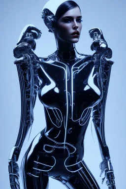 cyberpunk, black latex body, women, body portrai, big boobs, highlight eyes perfect, skin, tron, cyborg, perfekt sexy, real, dream, hr giger