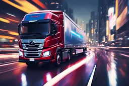 oilpainting, cinematic view, 8k, high resolution, stylized, monochromatic, vectorial, oil painting, art of a hino profia truck running in a futuristic road, lights, blurred background, neon, bokeh effect, surrealistic, forced perspective