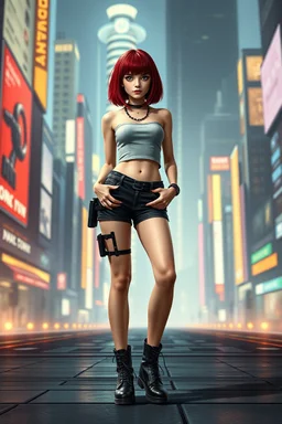 photorealistic full-height photo of a fantasy sci-fi tall skinny goth girl in sci-fi shorts, crop top and boots, with dark red bob hairstyle with bangs in a sci-fi city