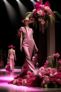 Model in runway with pink orchids like principal elements and element that recall olives trees and palm