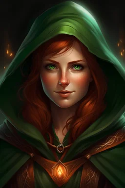 Generate a dungeons and dragons character portrait of the face of a female half-elf warlock with auburn hair and green eyes. She is smirking and glowing with magical energy. She looks mischievous. She is wearing a dark green cloak.