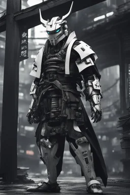 samurai robot in black and white cloak in a cyberpunk environment