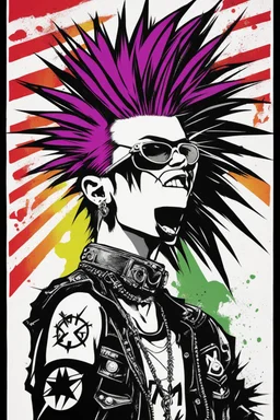 The punk is rebellious, bold, and exuding energy. The poster should capture the essence of punk culture, mixed with the power of the energy bar. Maybe the punk is portrayed with colorful hair spikes, ripped clothing, and piercings, standing defiantly with the energy bar in hand. The Anarchy logo should be prominent, symbolizing the rebellious spirit of the punk scene.