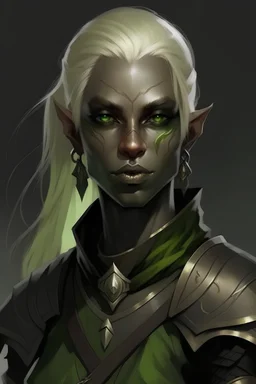 a dark elf rogue with blonde hair, with dark skin and light green eyes with a scar over right eye