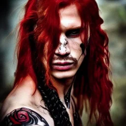 Warrior princes with long red hair, beautiful faces, black tattoo