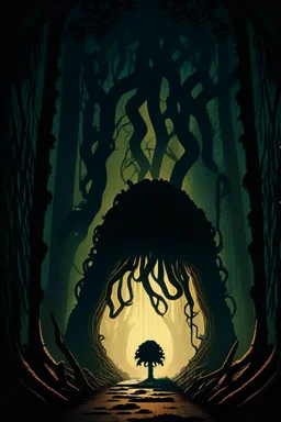 A frightening fungus forest dungeon hallway with the silhouette of a lumbering mushroom monster in the background