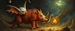 fuzz sponge tube gremlin fox demon in the astral realm with a tea kettle rhino, painted by Rembrandt