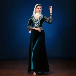 lady in azeri dance custum change clothing color to cyan and black fullbody shot standing in a pretty stage,not decolte,with a long white lace scarf