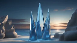 Three tall clear blue crystal spires stand on a deserted ocean island surrounded by beams of moonlight. High resolution 8K, moderate specularity, cinema 3D, chrome ball suspended, highly detailed, surrealism by Dorothea tanning, enrico donati