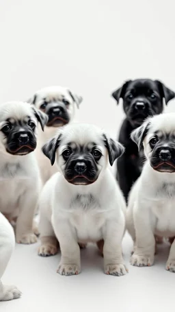 A group of all white puppies in white environment playing all picture and background are white , there is only one puppy is all black