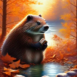 fantasy art, book illustration, close up of beaver in his dam ,autumn water, icy frame