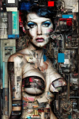 Ultra detailed medium portrait painting of a half naked woman sitting on a chair, no nudity, bended over, dark room with little light coming from an open door behind her, torn up collage of clippings, broken circuitry background, matrix effects, punk visual art, punk art aesthetic, graffiti art, pop surrealism, collage art, cluttered paint glitches