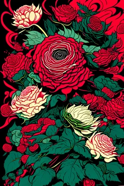 overdetailed Asian art of a red, fuchsia, black, lime green, teal and white Roses, by Yuko Shimizu and Hokusai collab