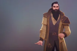 Other worldly bearded tall middle-aged man wearing many gold rings anda rugged long fur trimmed merchant's coat, full body, dark background, synamic lighting