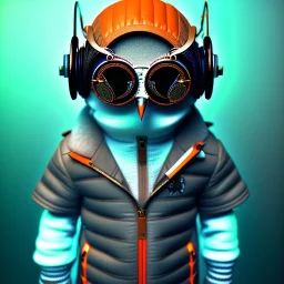 Owl toddler, smile, steampunk headphone, sunglass, gangsta neckless, full body, orange puffer jacket, tokio background, dramatic lighting, hyper realistic, unreal engine 5, 16k