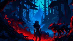 Dark beast's hunting forest with hot girl with blood in neon style red, blue and green colours in the distance