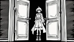 unhinged door, anime, monochrome, black background, ink, simple, maximum quality