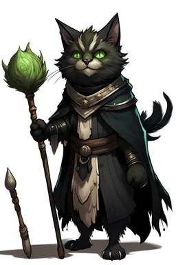 a fluffy tabaxi with black fur wearing cottage core clothing holding a staff with a slime monster