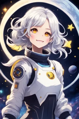 Space girl, has medium white hair with the center part of it black, has yellow eyes, is in space flying on top of a star, she wears a blouse and doesn't need a helmet to fly in space, She smiles calmly, Anime style