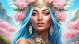 Photo realistic portrait of a gorgeous smiling skinny polynesian goddess with a golden dark shining skin, long smooth clear turquoise blue and pink white hair, blue eyes, in a sci-fi outfit with luminous strikes blowing a kiss in a hill of flowers with sakura trees, a waterfall, a crystal palace, loads of mini flowers, moss, sun rays through the branches, particles in the air at spring. Intricated details,