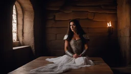 [Conan The Barbarian (1982)] In the medieval dining room of the large castle, she sits alone in a linen dress at the wooden table. The flickering torches casts dancing shadows across the walls. Her eyes are drawn to a majestic statue mounted on the wall, depicting a woman clad in armor, strikingly similar to herself. The intricately carved features of the armored woman seem to gaze back at her, as if urging her to embrace her destiny.