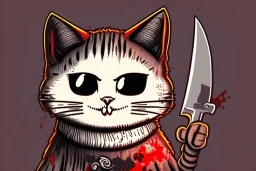 Cat diabolical smiling with a bloody knife with blood. Illustration.