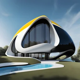 Drawing Zaha Hadid style egg-shaped country house colors black white blue and yellow