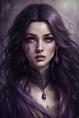 a female noble. twenty four years old. pale white skin. purple eyes. long black hair. beuatiful face