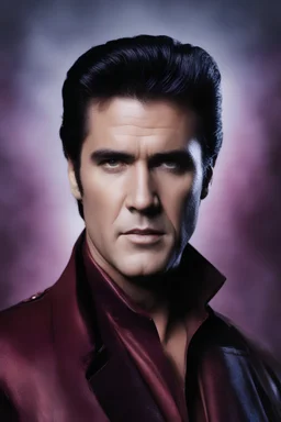 facial portrait - Elvis Mel Gibson - 32k, UHD, 1080p, 8 x 10, glossy professional quality digital photograph - dark blue and dark red, and light maroon and purple and foggy black gradated background, historic, powerful, octane rendering, exquisite detail, 30 - megapixel, 4k, 85 - mm - lens, sharp - focus, intricately - detailed, long exposure time, f8, ISO 100, shutter - speed 1125, diffuse - back - lighting, ((skin details, high detailed skin texture)), (((perfect face))),