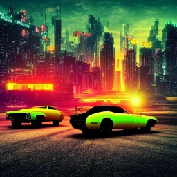 art deco, cyberpunk, two neon muscle cars, race, speed, desert road, sunset, full colour, hd,