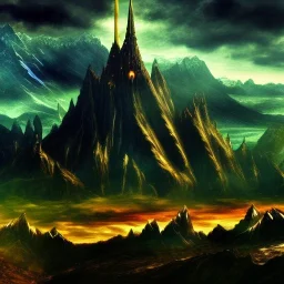 fantasy, vulcan, middle earth landscape,Tower of sauron, photorealistic, 16k resolution, sharp focus, post-processing, LOTR, Van gogh Style