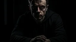 In the photo, we see a man sitting in the dark, looking at the camera with a cold gaze. The man is dressed in black and seems uninterested in what is going on around him.