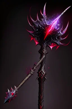 A sorceress evil staff that is a mix colors of red and black crystals and sharp edges, with black aura swirling around it