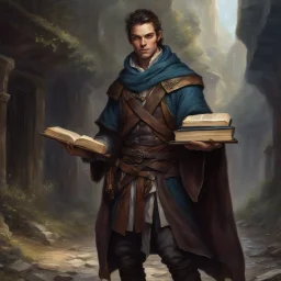 fantasy dnd scholar male holding books anoresix dirty from travelling the road