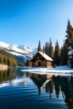 crea un paisaje de una cabaña rodeada de pinos a las orillas de un lago cristalino con montañas con la sima nevadas en de fondo, un dia soleado de invierno