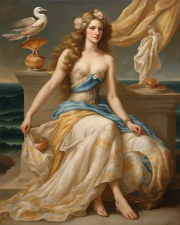 Reimagine the painting using clothing as the primary elements. Transform Venus into a figure wearing an exquisite, flowing gown resembling the sea's waves. Use fabrics and scarves to depict Zephyr and Aura, while seashells and the shell under Venus become fashion accessories. Match the clothing colors and patterns to the original painting, capturing Venus's beauty and grace through fashion.